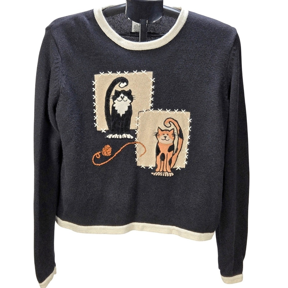 Women's Vintage Breckenridge Large P Black Cat Applique Knit Sweater Kitch